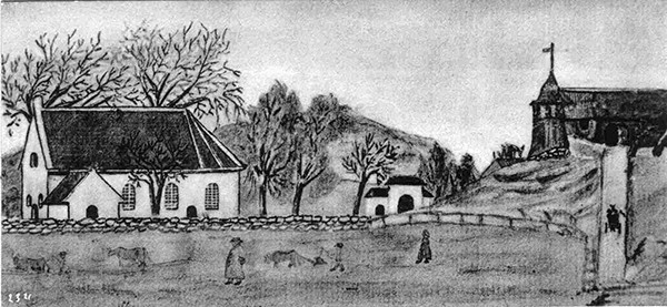 Blyantstegning: Mikaëli, 1848: Ølmevald kirke. Public Domain.