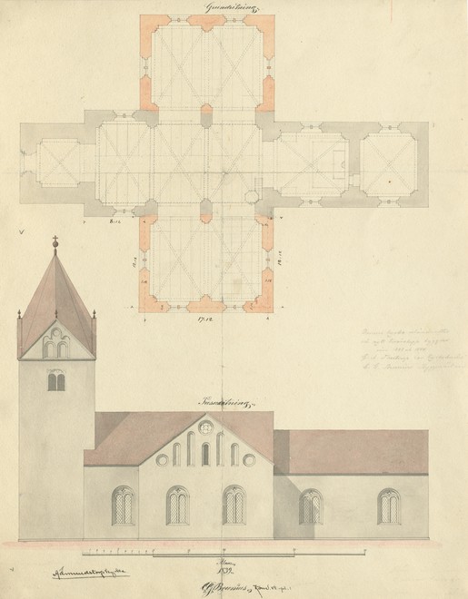 C.G. Brunius’ ombygning af kirken med blandt andet nyt tværskib 1843. Tegning af C.G. Brunius. Foto: Lars Kennerstedt. Riksantikvarieämbetet. Public Domain.