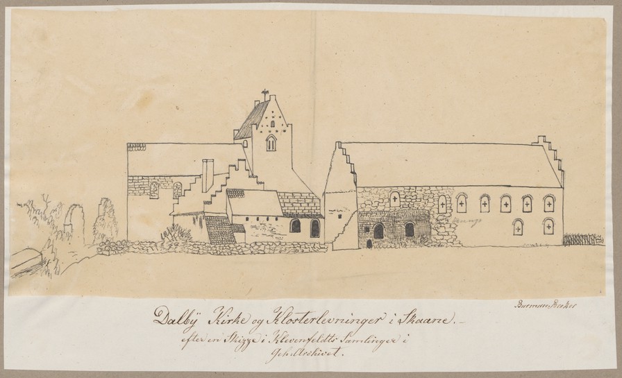 Tegning i Dr. I. G. Burman Beckers antiqvarisk-topografiske Samling, Sønderjylland, Skaane og Slesvig. Det Kgl. Biblioteks Billedsamling. Public Domain. Dalby Kirke og Klosterlevninger i Skaane. Efter en Skizze i Klevenfeldts Samlinger i Geh. Archivet. 1820-1880.