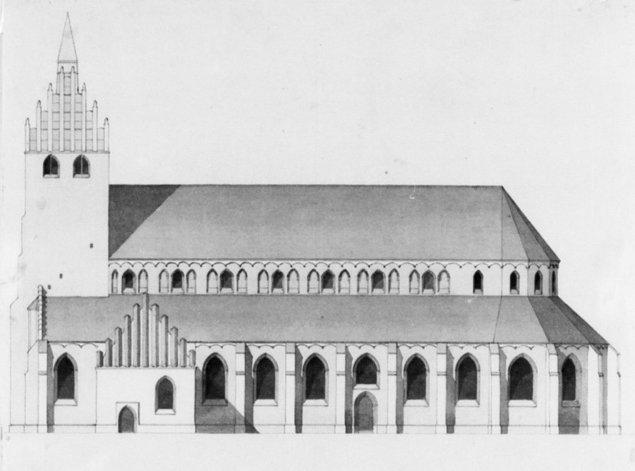 Rekonstruktion af kirken. C.G. Brunius. Riksantikvarieämbetet. Public Domain.